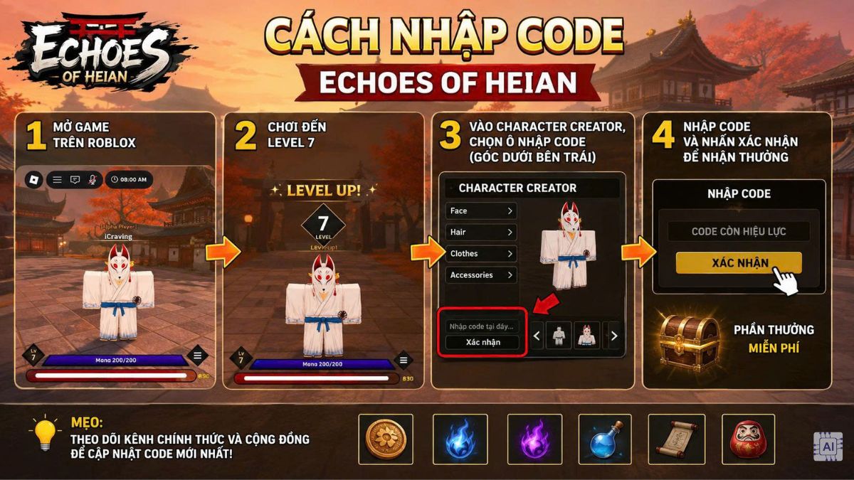 Cách nhập code Echoes of Heian