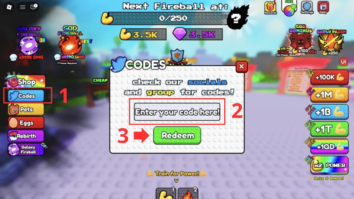 Cách nhập code Fireball Training