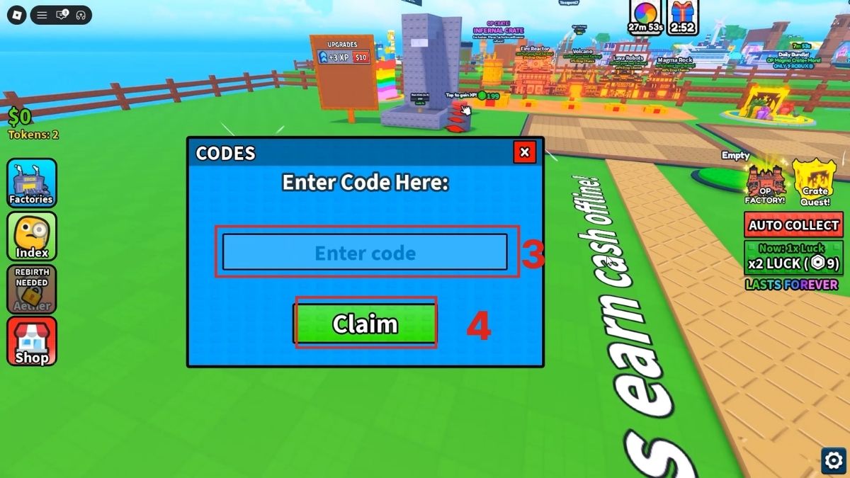 Hướng dẫn cách nhập code Unbox a Factory bước 3