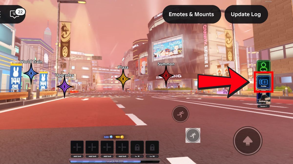 Nút Codes hiển thị ở cạnh phải màn hình game