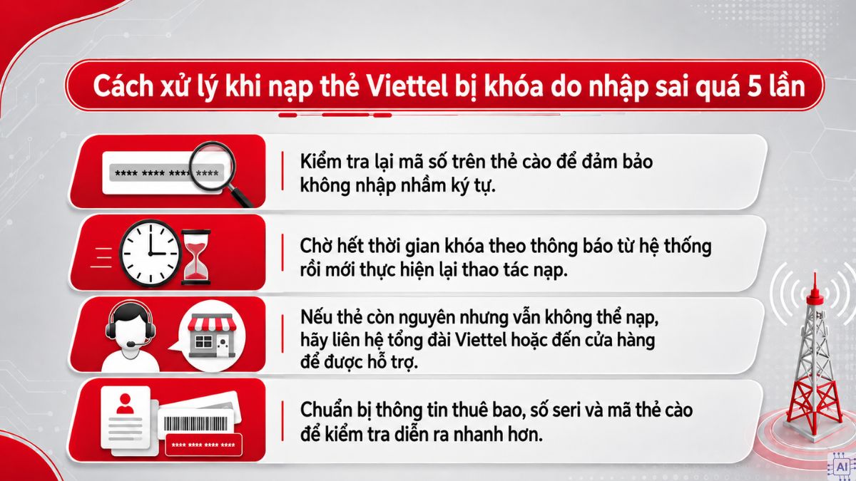 Cách xử lý khi nạp thẻ Viettel bị khóa do nhập sai quá 5 lần