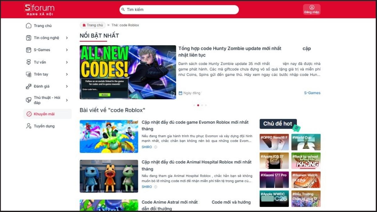 Theo dõi trang code Roblox trên CellphoneS