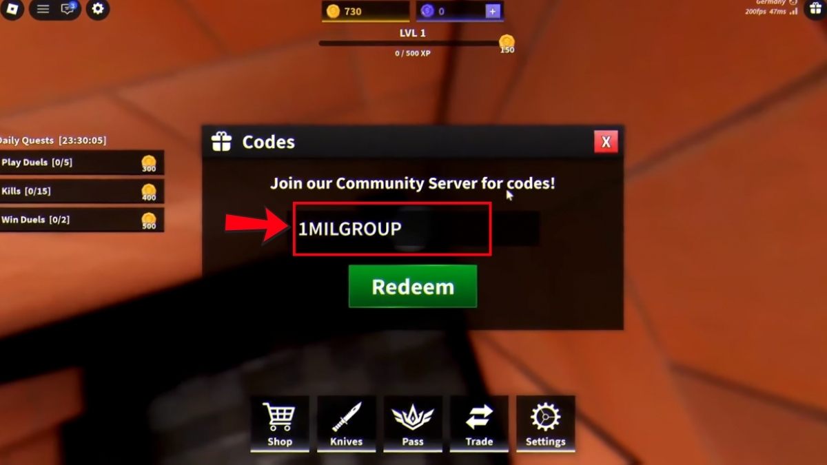 Các bước nhập code Knife Duels trong game
