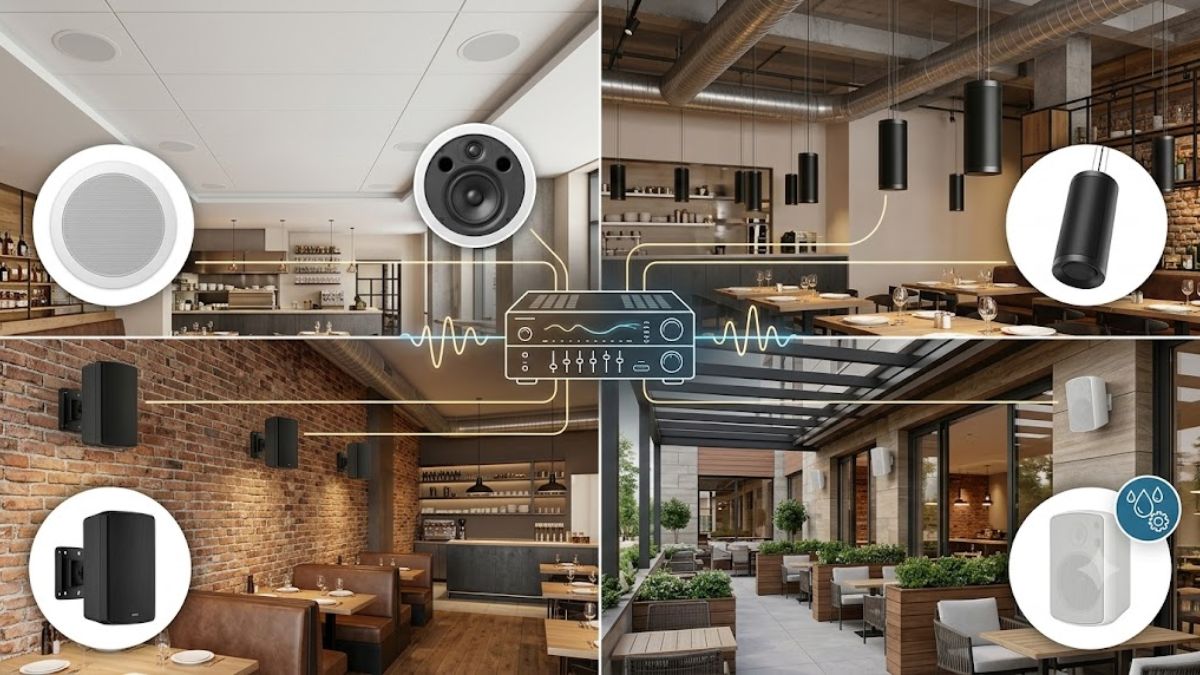 Loa treo tường khá phổ biến ở các quán ăn
