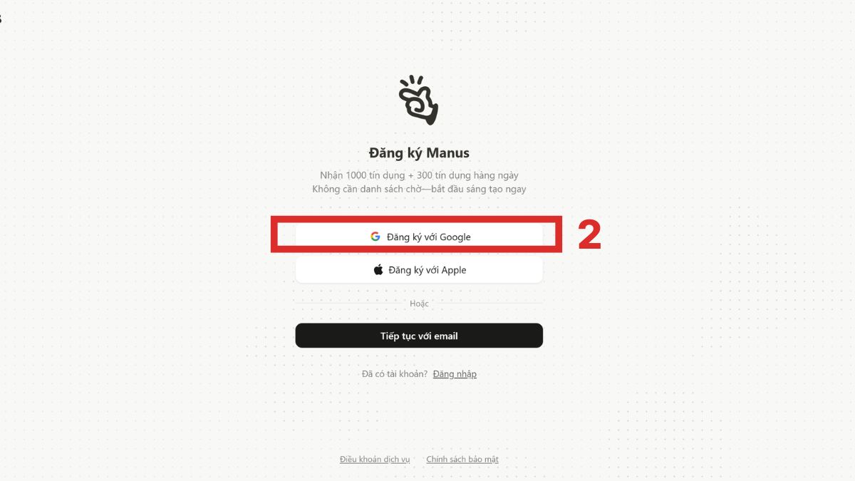 Hướng dẫn tạo tài khoản Manus bước 2