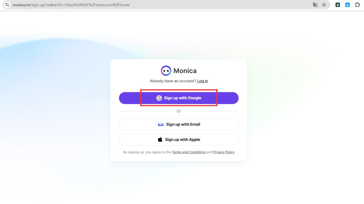 cách tạo tài khoản Monica bước 2