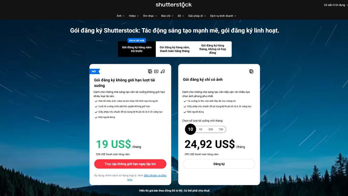 Bảng giá Shutterstock mới nhất