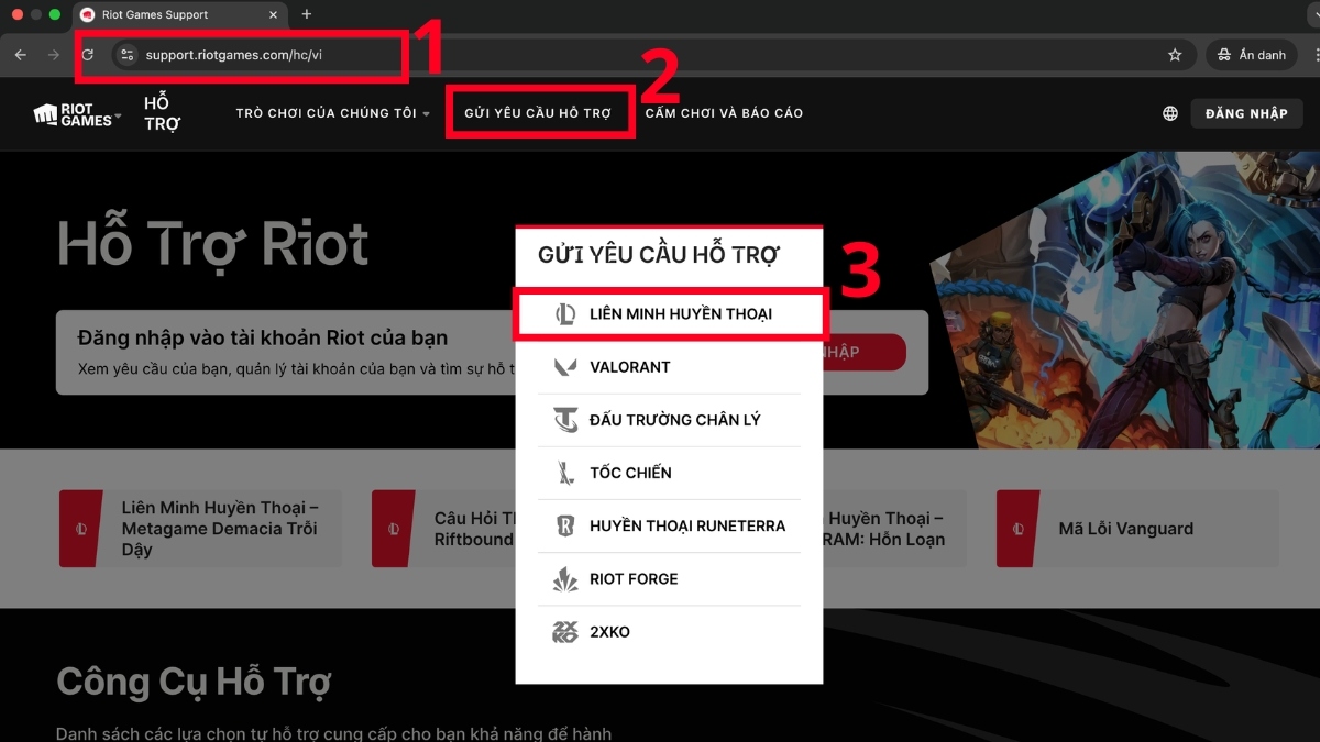 Cách gửi yêu cầu khôi phục tài khoản Riot Support bước 1