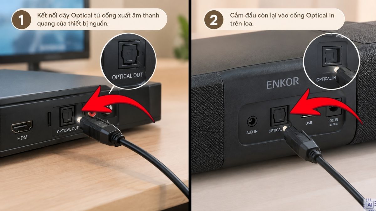 Cách kết nối dây AUX trên loa Enkor và thiết bị phát