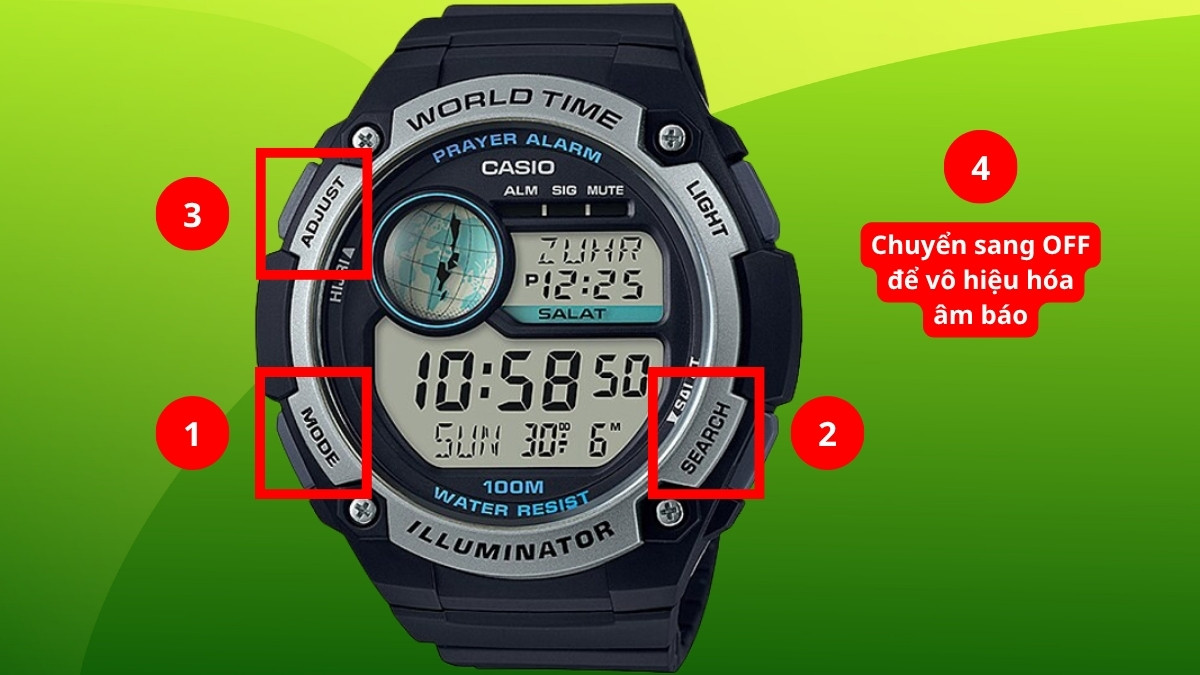 Cách tắt báo thức đồng hồ Casio 4 nút