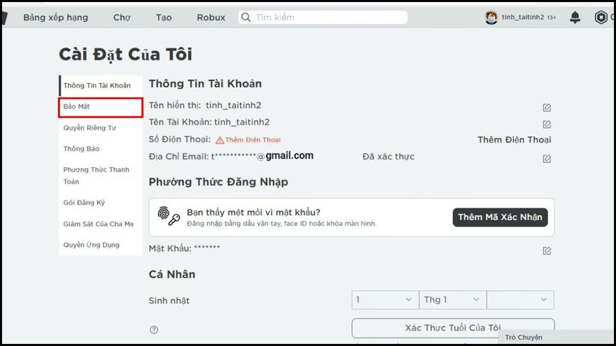 Tắt xác minh 2 bước Roblox trên máy tính
