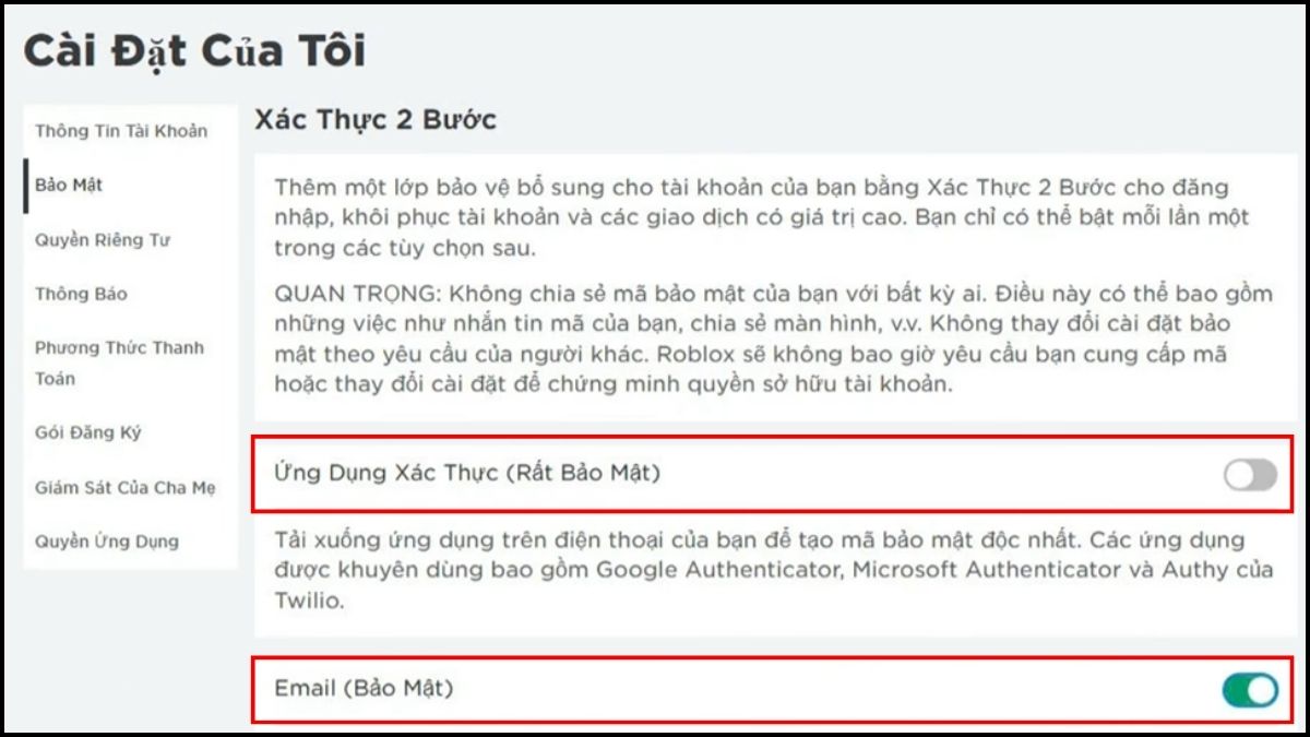 Tắt xác minh 2 bước Roblox trên máy tính