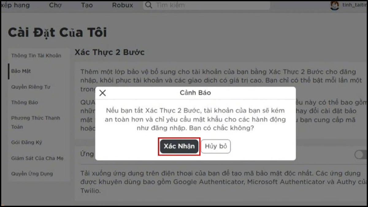 Tắt xác minh 2 bước Roblox trên máy tính