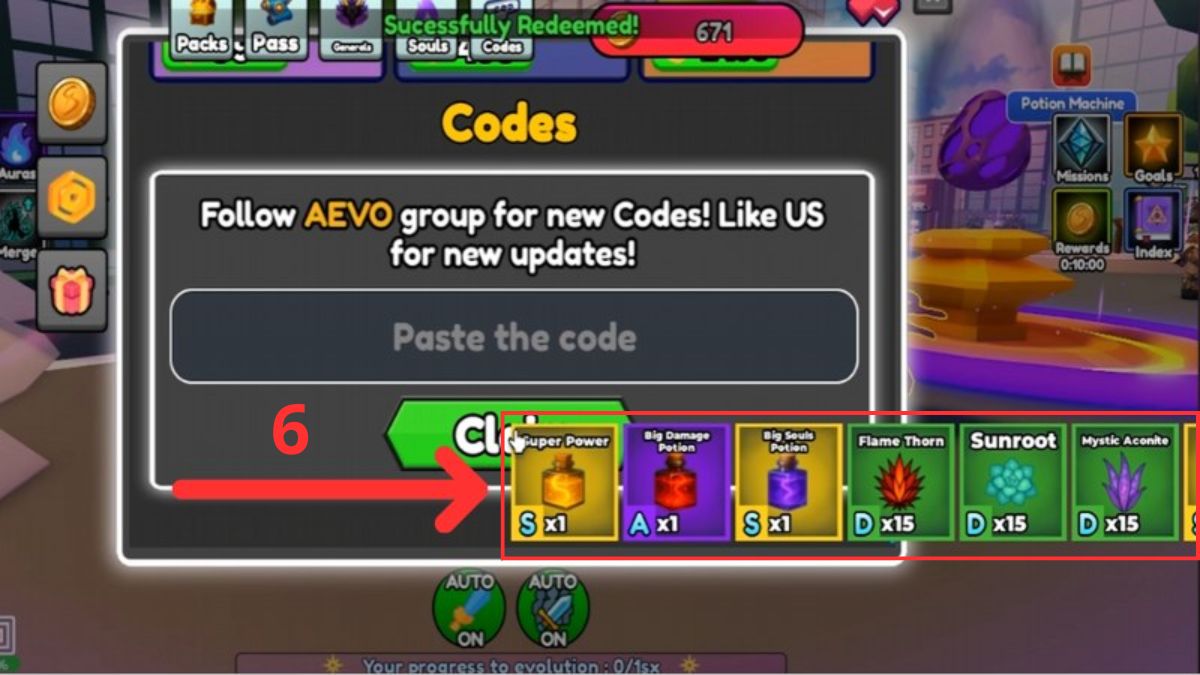 Hướng dẫn cách nhập code Anime Evolution - bước 4