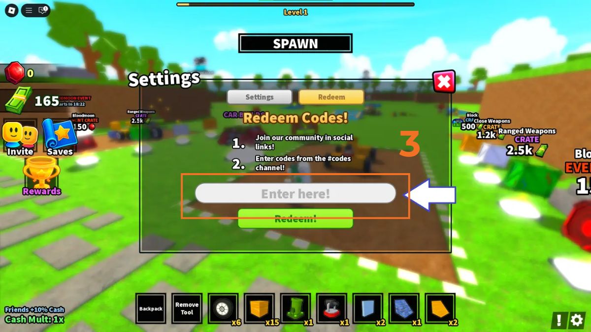 cách nhập code Car Battles bước 3
