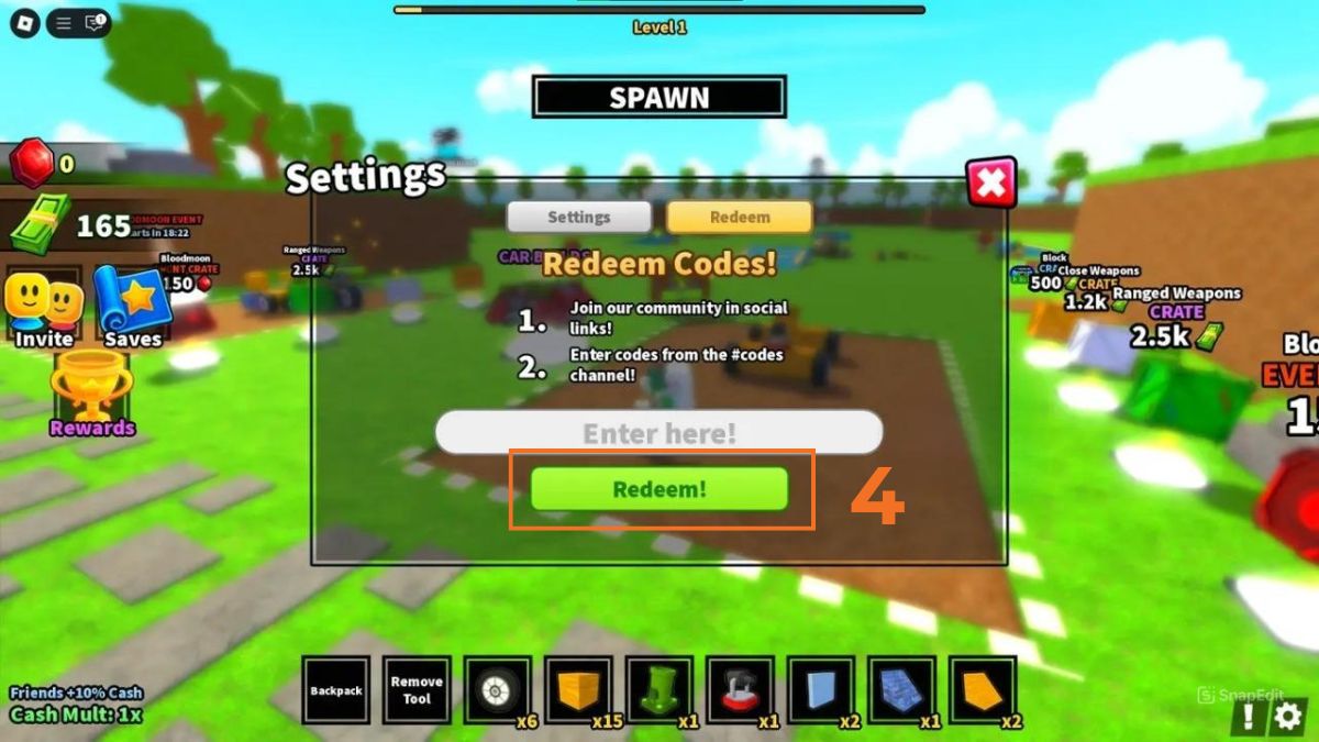 cách nhập code Car Battles bước 4