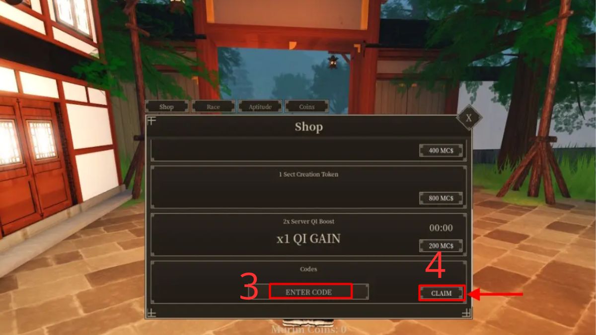 Cách nhập code Murim Cultivation bước 3