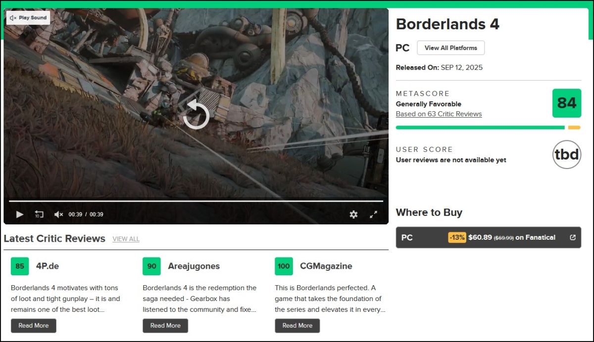 Borderlands 4 thắng lớn trên mặt trận review, nhận những điểm số cao ngất