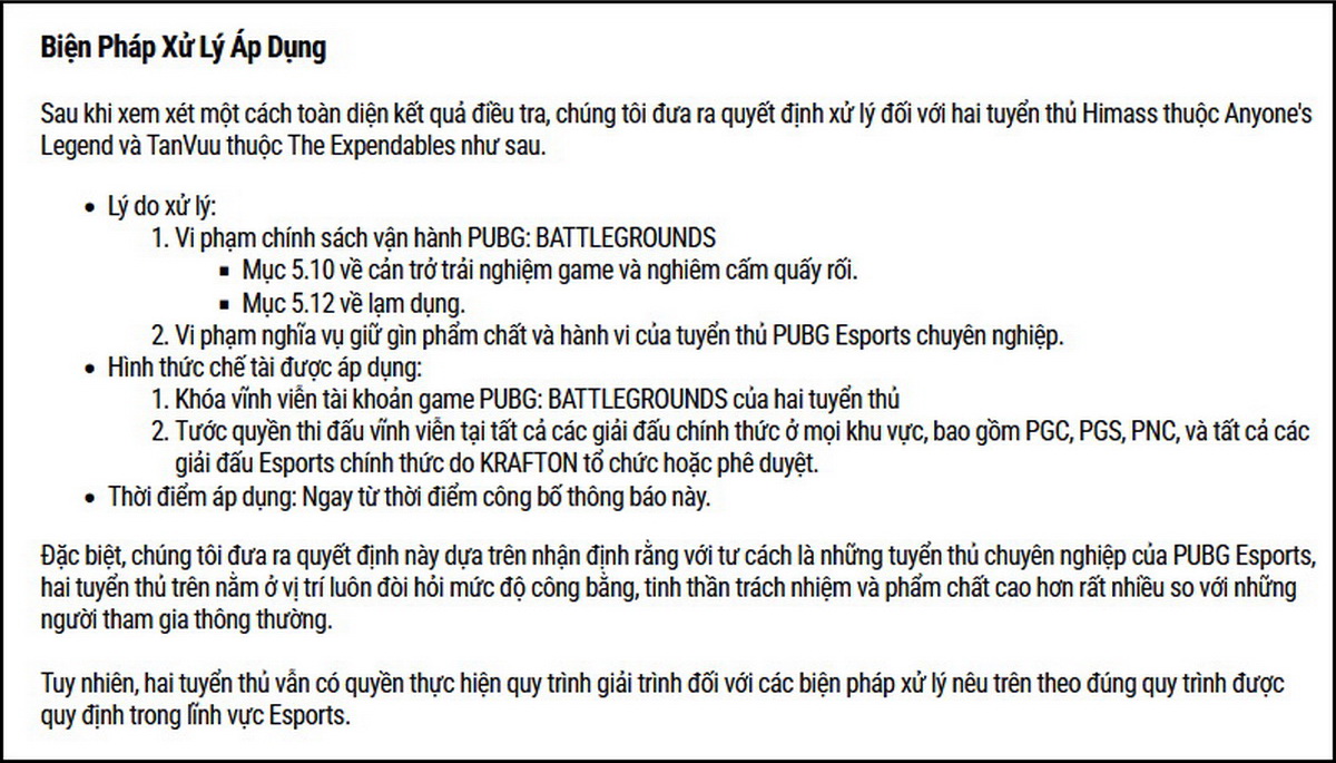 Krafton công bố cấm vĩnh viễn Himass và TanVuu sau drama PUBG Asia Stars 2026