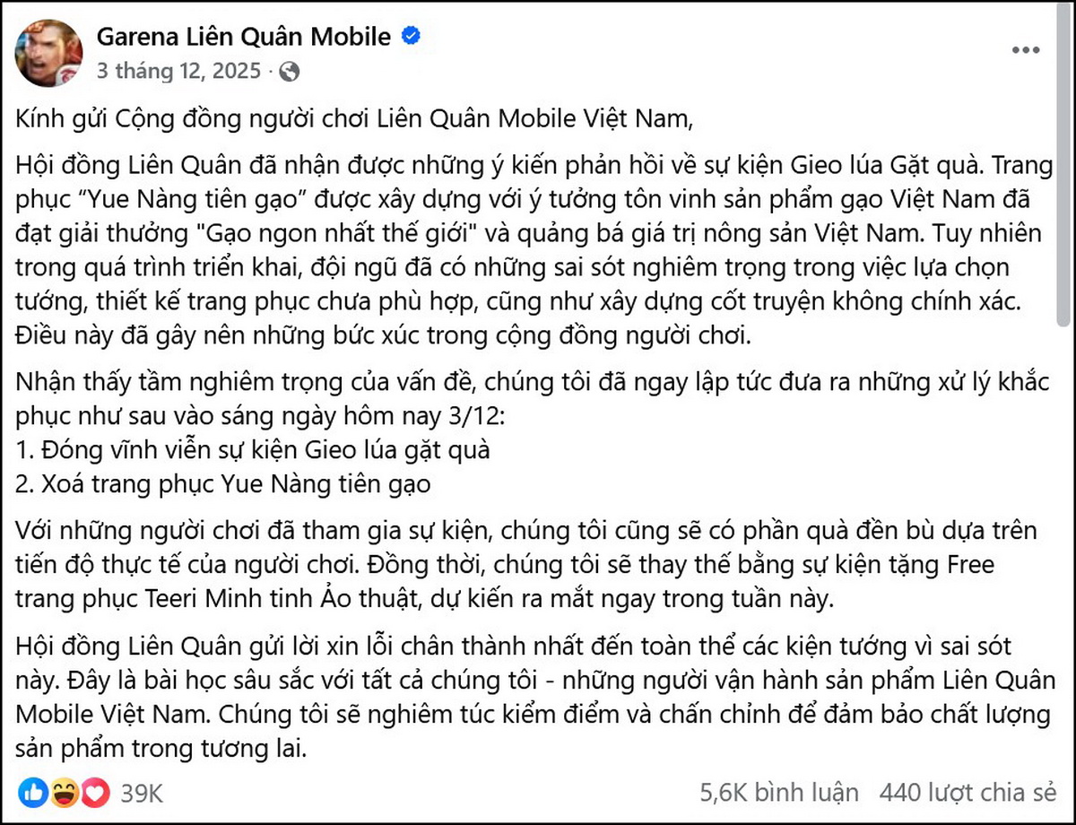 Garena gửi lời xin lỗi về sai sót ngày Tết của Liên Quân Mobile