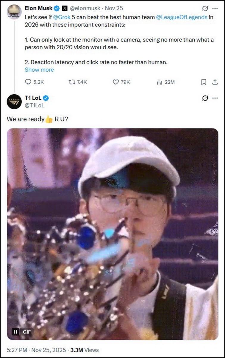 LMHT: T1 đồng ý tay đôi với AI của Elon Musk, ai sẽ chiến thắng?