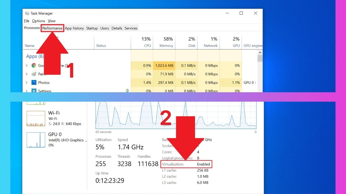 Kiểm tra trạng thái ảo hóa trong Task Manager