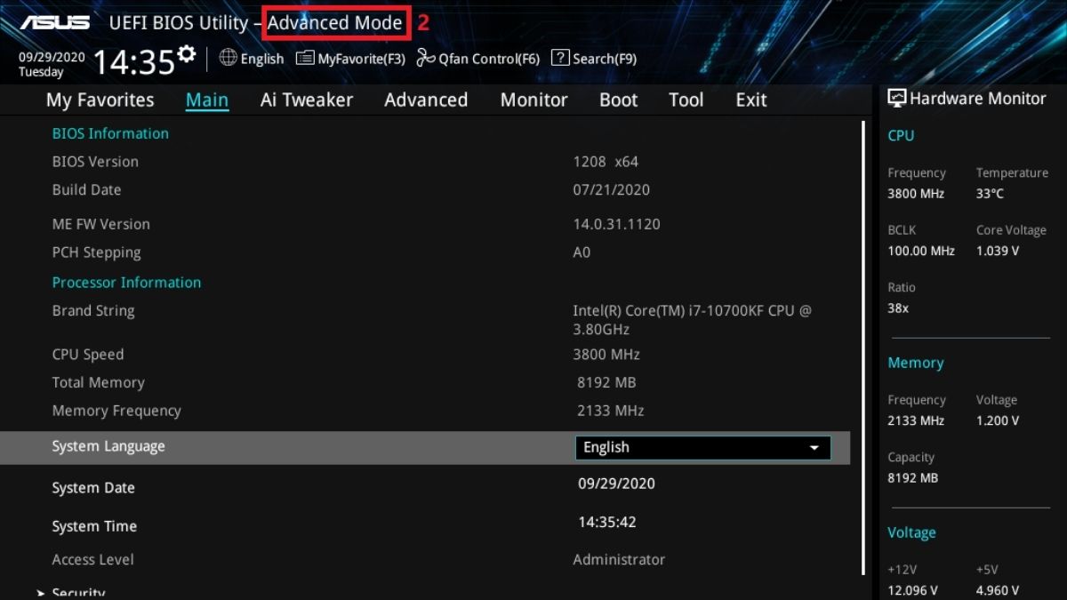 Cách bật ảo hóa trong BIOS/UEFI - bước 2