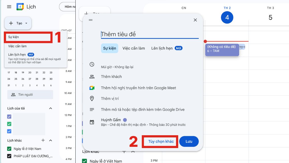 Cách sử dụng Google Calendar đơn giản - bước 2