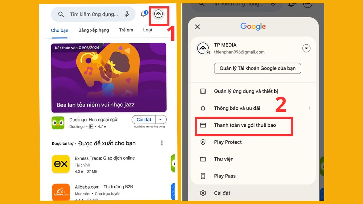 Cách sử dụng mã quà tặng Google Play - bước 1,2