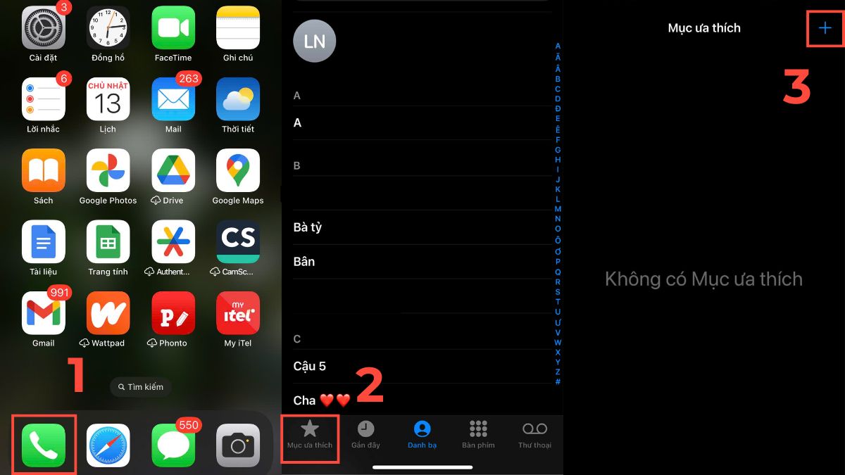 Cách cài số điện thoại ưu tiên trên iPhone bằng cách thêm số liên hệ vào mục Favorites - bước 1