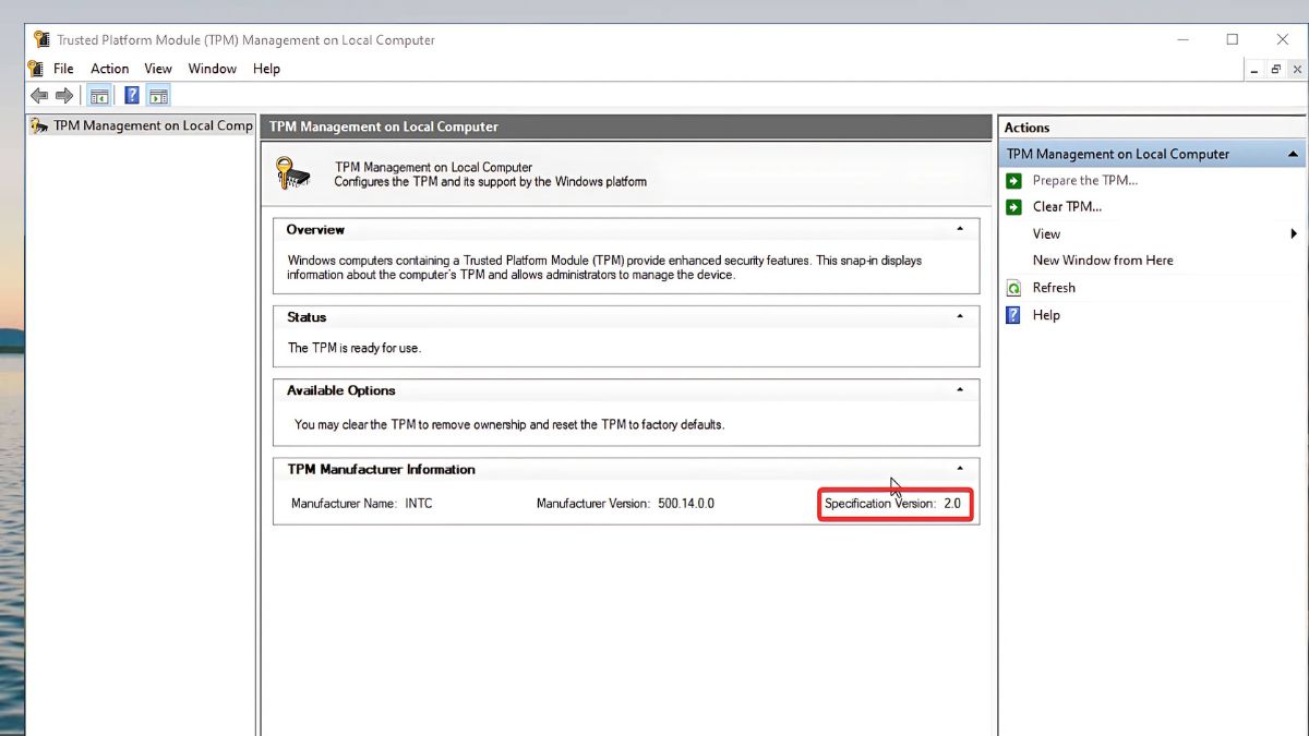 Sử dụng Microsoft Management Console để kiểm tra máy tính chạy TPM 2.0 - bước 3
