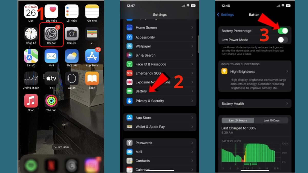 Cài phần trăm pin iPhone 11 bằng Settings