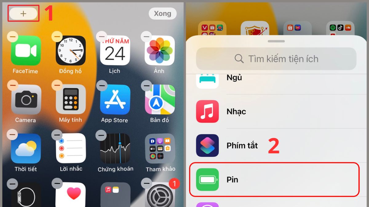 Cài phần trăm pin iPhone 11 bằng Widget - bước 1,2