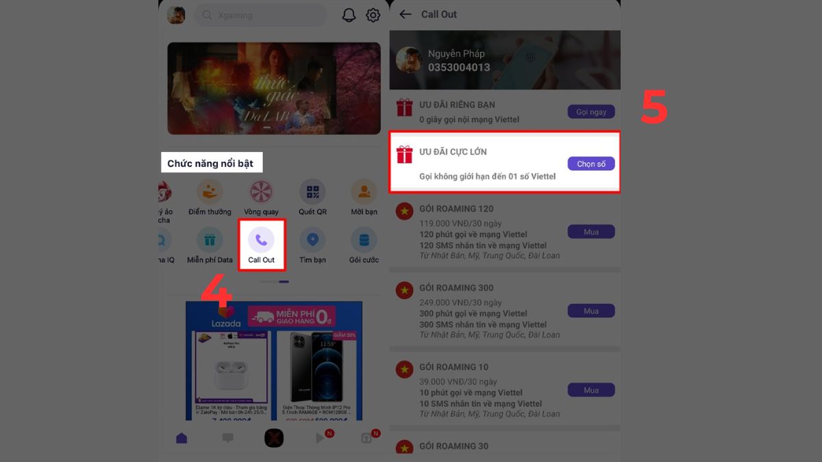 Cách gọi điện thoại không mất tiền Viettel - Dùng Call Out trong Mocha - bước 2