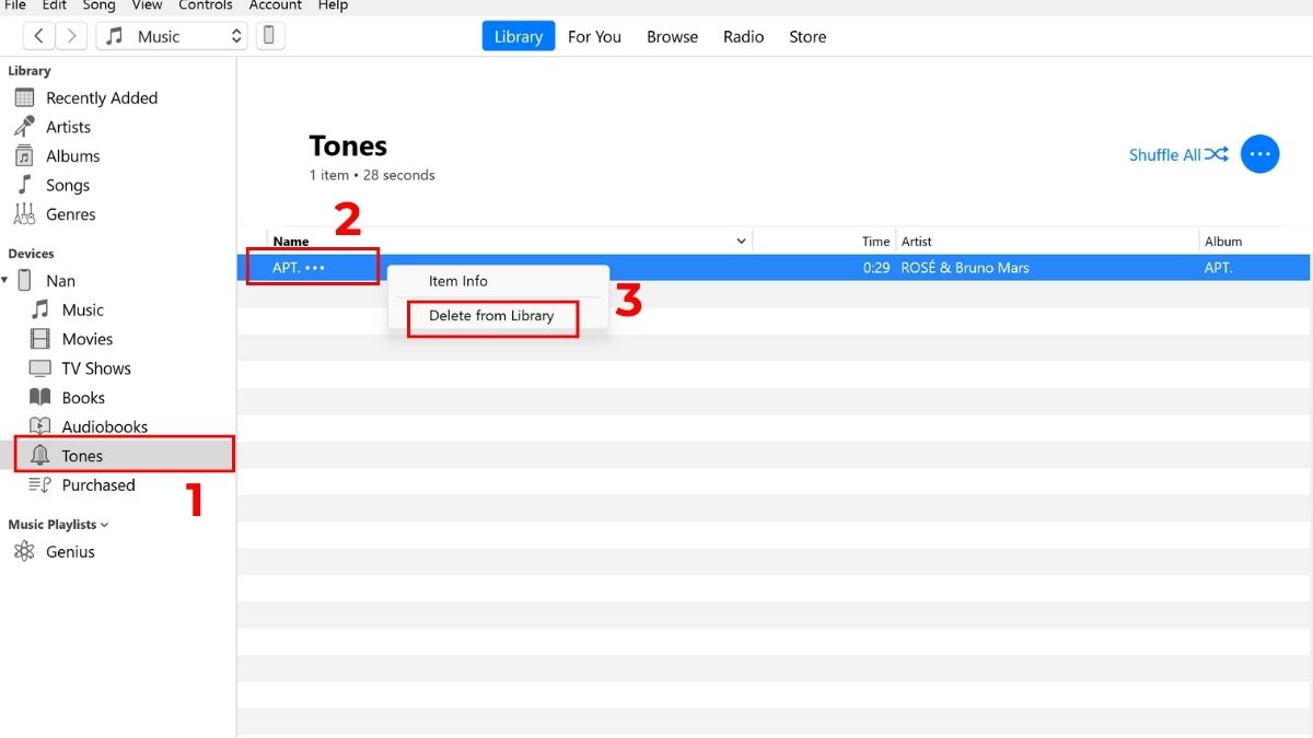 Cách xóa nhạc chuông trên iPhone bằng iTunes - bước 2,3