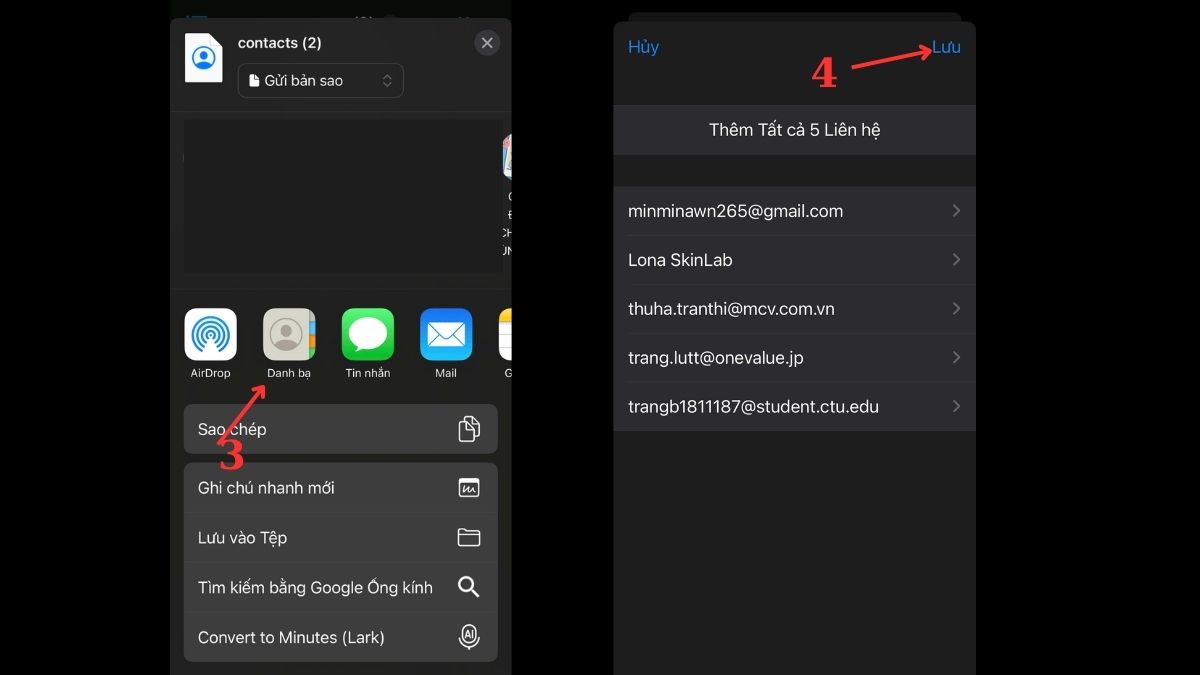 Cách nhập danh bạ Gmail thủ công về iPhone - bước 2,3