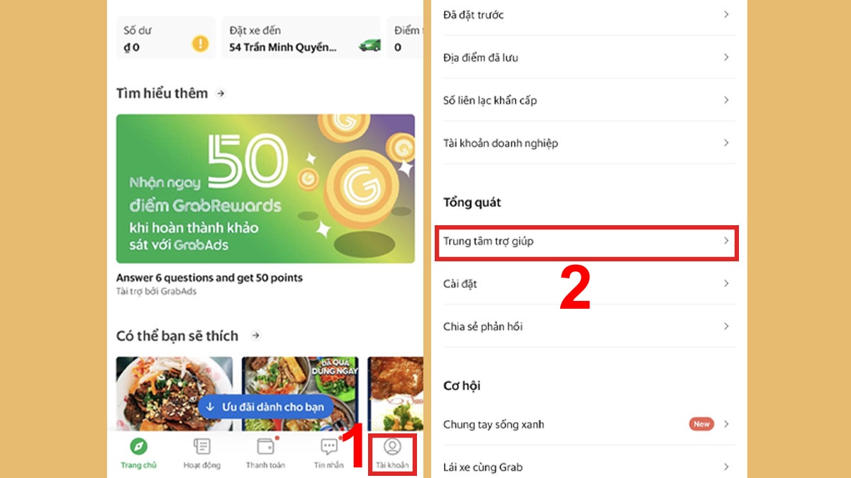 Liên hệ tổng đài Grab trên ứng dụng - bước 1,2