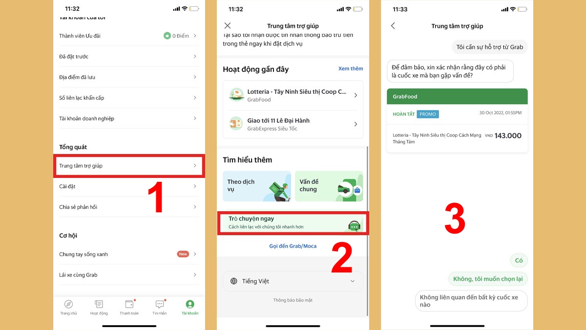 Nhắn tin tổng đài CSKH trên Grab