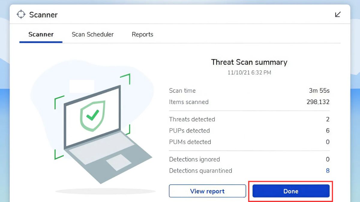 Hoàn tất quá trình scan với Malwarebytes Free