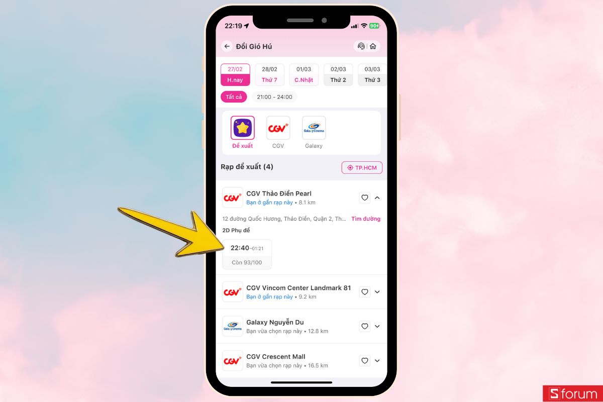 chọn rạp và khung giờ mong muốn