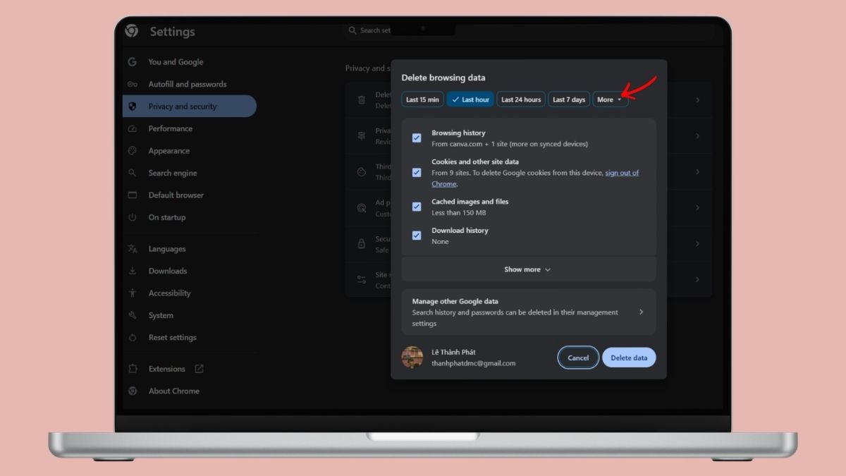 Chọn dữ liệu cần xóa