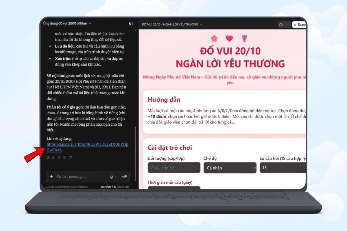 Truy cập vào link ứng dụng trò chơi vừa tạo