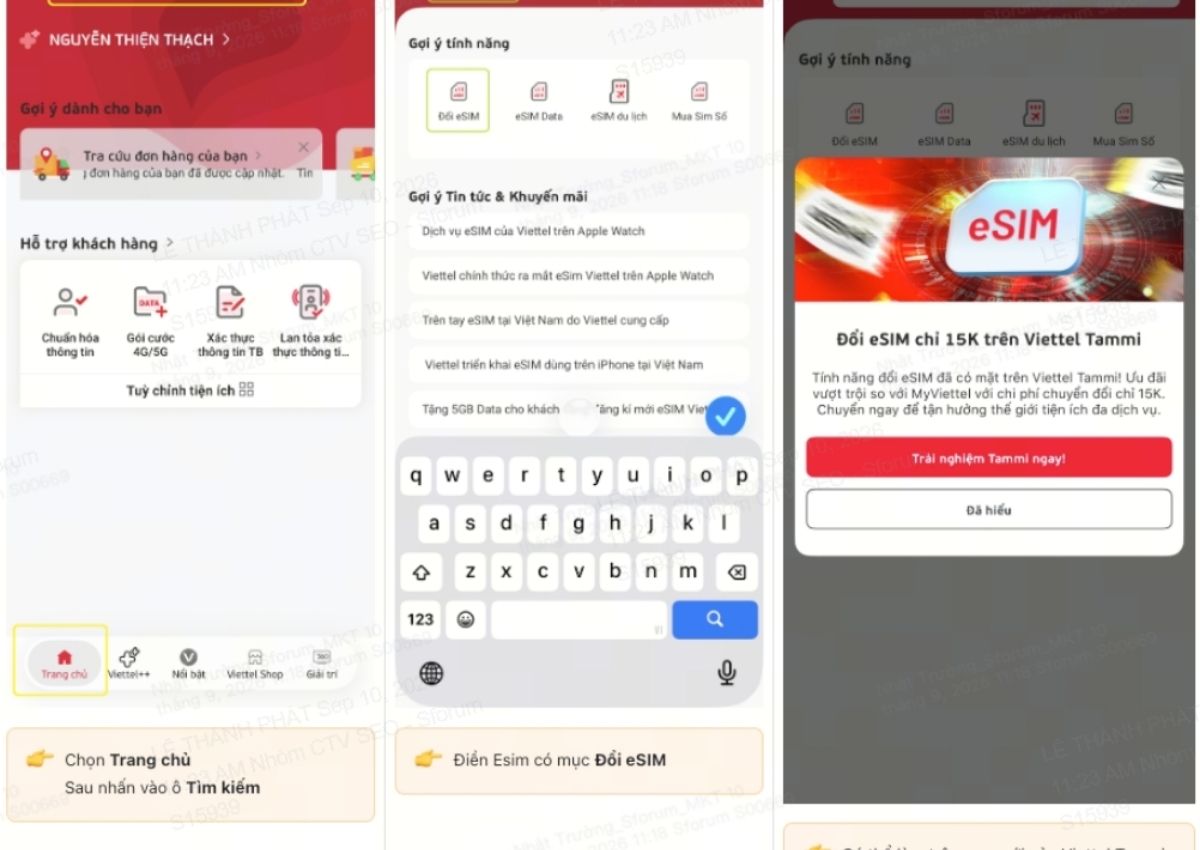 Truy cập tính năng đổi eSIM