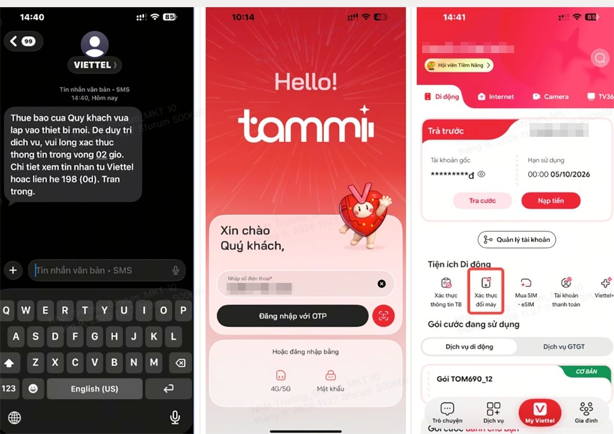 Đăng nhập Viettel Tammi và chọn Xác thực đổi máy