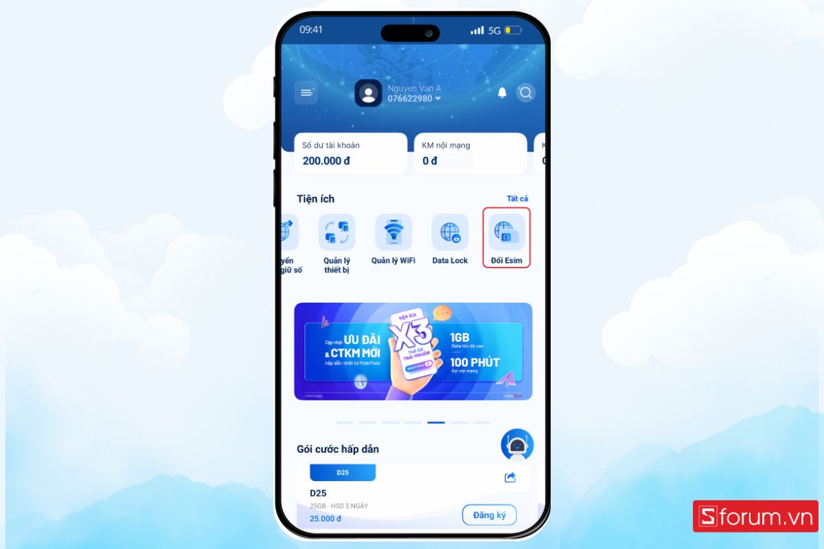 Chọn tính năng Đổi eSIM
