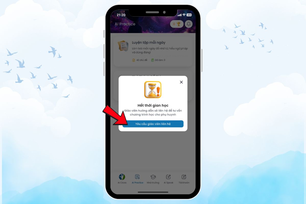 nếu hết thời gian học ứng dụng sẽ hiện popup