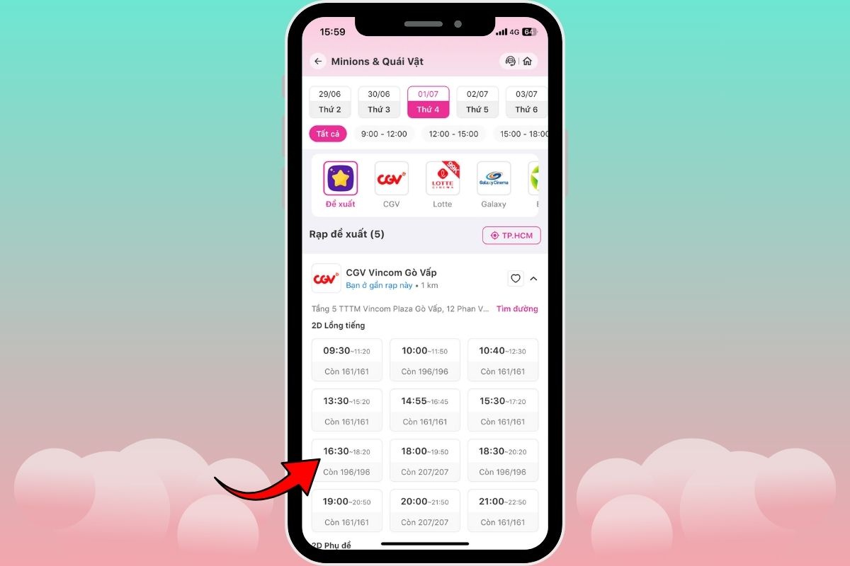 Lựa chọn cụm rạp và khung giờ