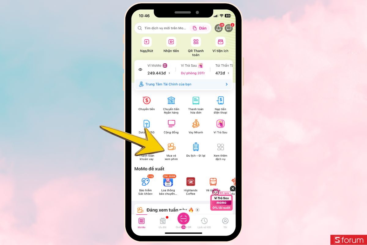 Mở ứng dụng momo chọn mua vé