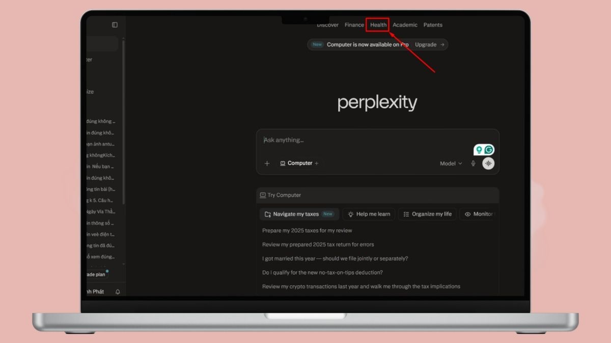 Lựa chọn mục Health