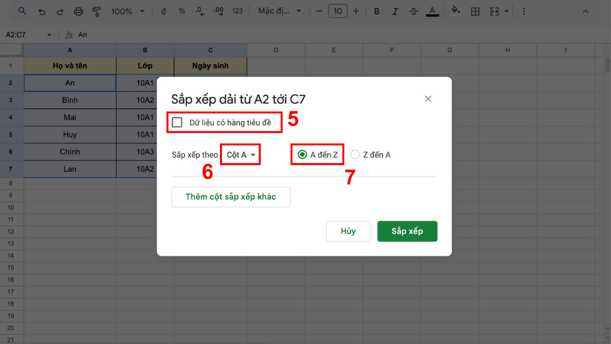 Sắp xếp bằng cách sử dụng các tùy chọn có sẵn bước 3